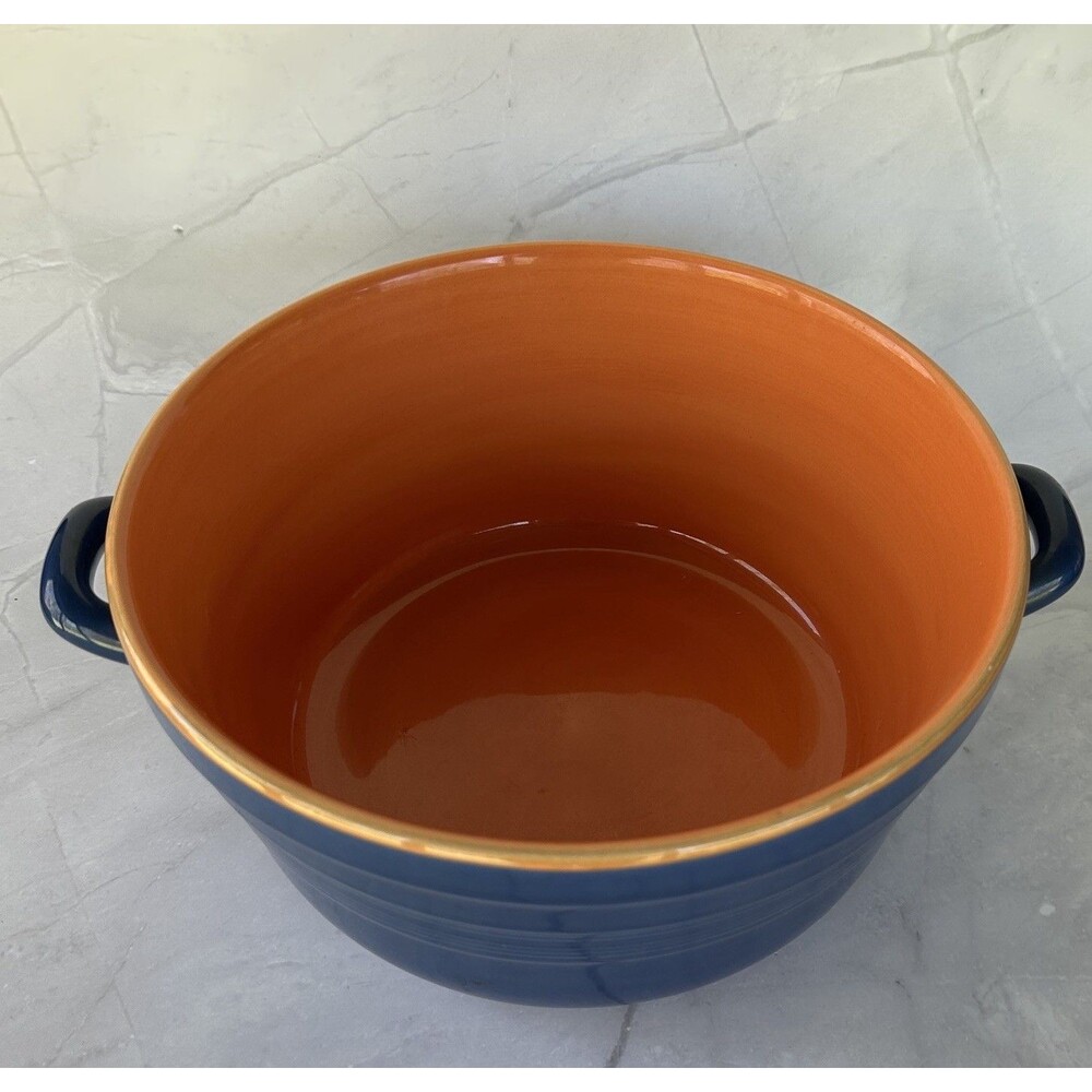 Mid Century Style Bowl Peacock Blue Glaze Orange Interior Stoneware Serving 8"